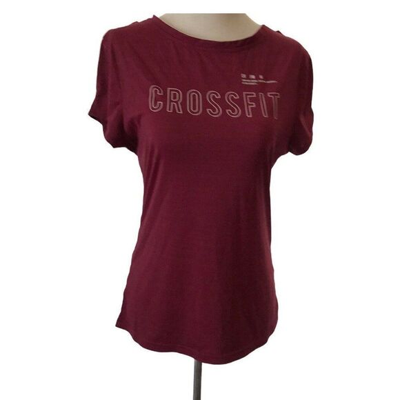 Reebok CrossFit Small Shirt ActiveChill Short Sleeve Stretch Maroon Cut Out Bac - Picture 8 of 8